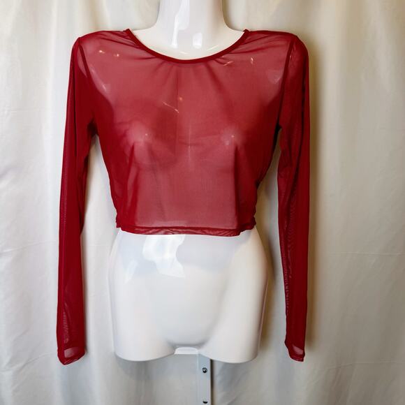 Adome Red Sheer Mesh Crop Top Long Sleeve Shirt Y2K Rave Clubwear Festival Small - Picture 1 of 3